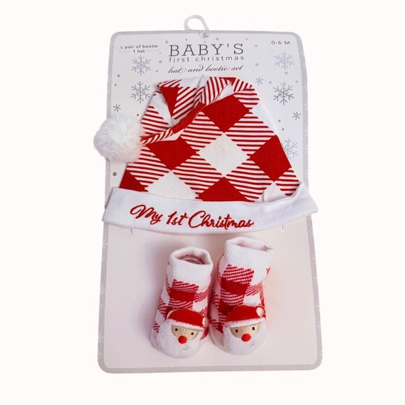 Babys First Christmas Gift Set Embroidered Hat Booties Bibs Blanket Santa Plush - Picture 6 of 13